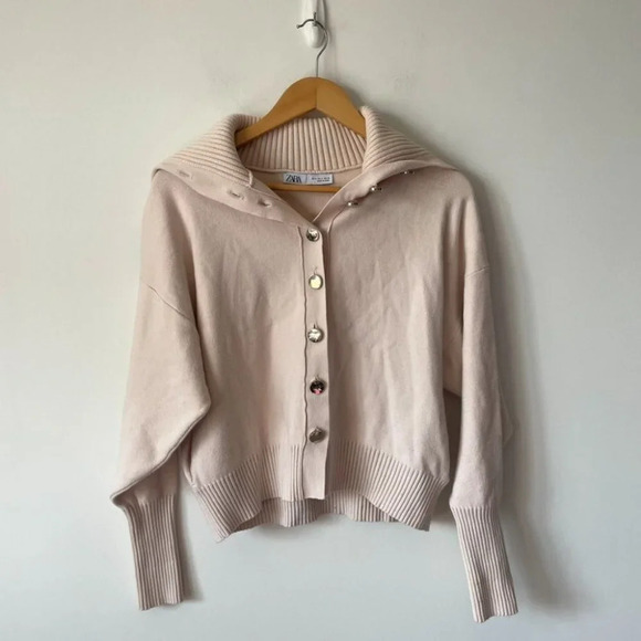 Zara  Knit High Neck Collar Gold Button Cardigan Sweater Ecru Cream Size Small - Picture 4 of 8